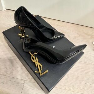 Yves Saint Laurent Paris Black Leather High Heels with Gold Logo Heel